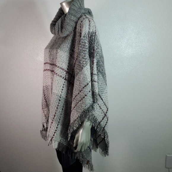 Roots Canada Poncho One Size Wool Blend Fringe Cowl Neck Cape Plaid Gray Sweater - Picture 3 of 9